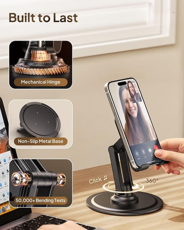360° roterbart telefonstativ for skrivebord, sammenleggbar mobilholder i metall