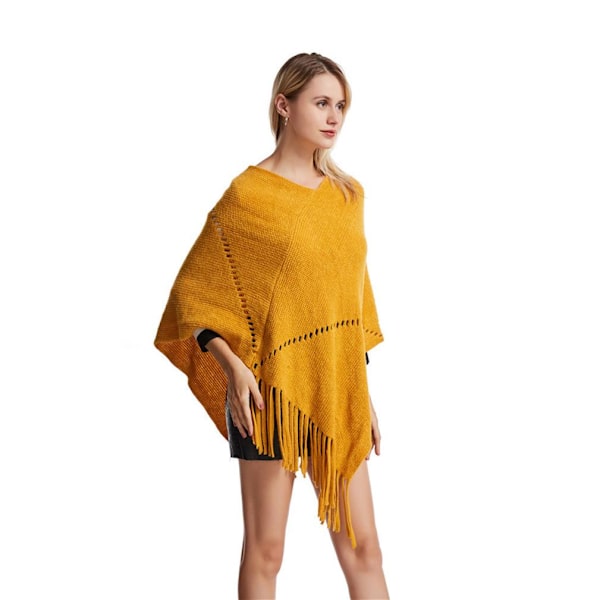 Gul Lös Sjal Pullover Stickning Poncho med Tofs Batwing Blus för Dam