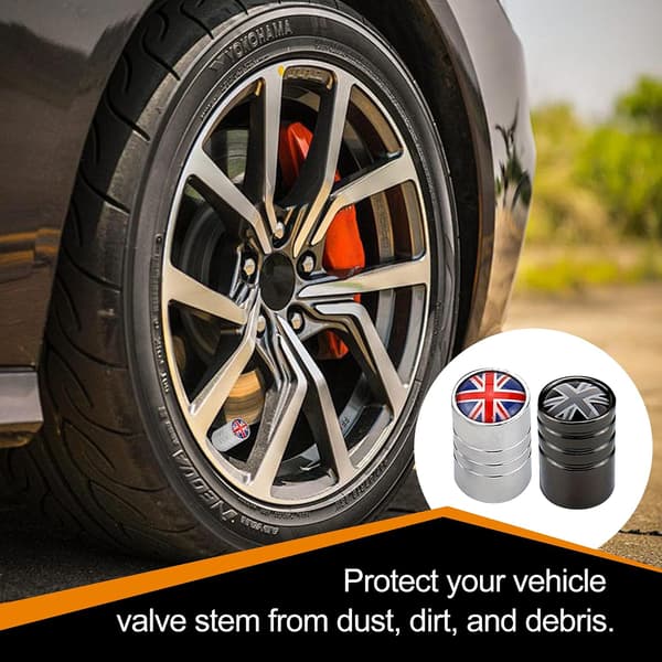 8 stk. Union Jack dækventilhætter, støvhætter i legering til biler og motorcykler
