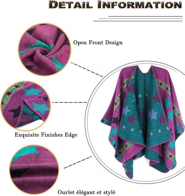 Vendbar oversized poncho-cape for kvinner, mykt teppe-sjal, omslagskardigan