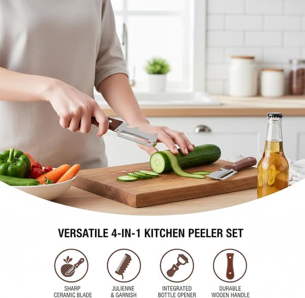 2 stk. multifunksjonell grønnsaksskreller med trehåndtak og blad i rustfritt stål