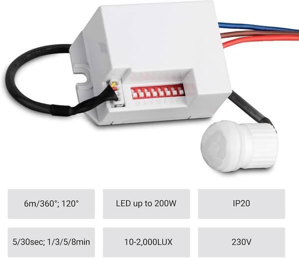 Mini PIR-rörelsesensor, 6 m räckvidd, 360° detektering, infälld montering, 220-240V