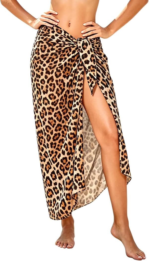 Strand-sarong med leopardmønster for kvinner, omslagsskjørt i chiffon til bikini