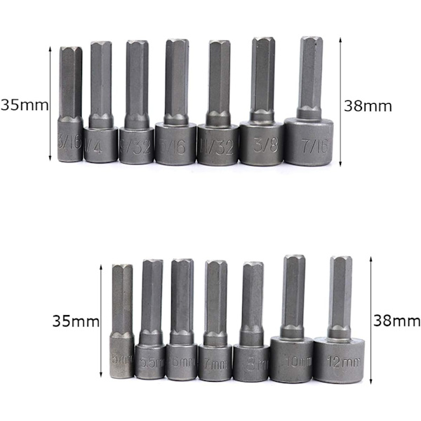 14-delt Power Topnøgle Bor Bits Sæt, Rustfrit Stål, 1/4\" Hex Skaft