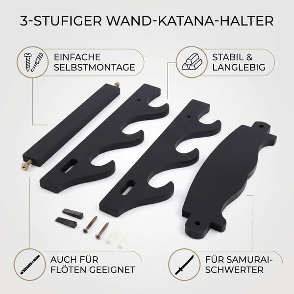 3-lags sværdholder til vægmontering til Katana, Wakizashi og Tanto