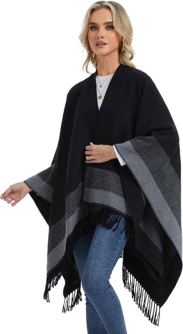Poncho-cape med öppen front för dam, oversized sjal, randig kofta med fransar