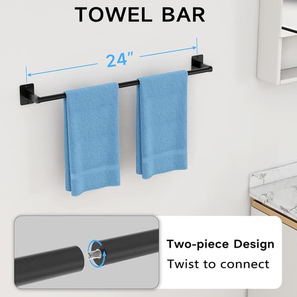 4-delt badeværelsessæt i sort, 24-tommer håndklædestang, ring, krog og toiletrulleholder