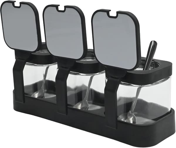 3-pack kryddburkar i glas med flipplock, skedar och förvaringsbas