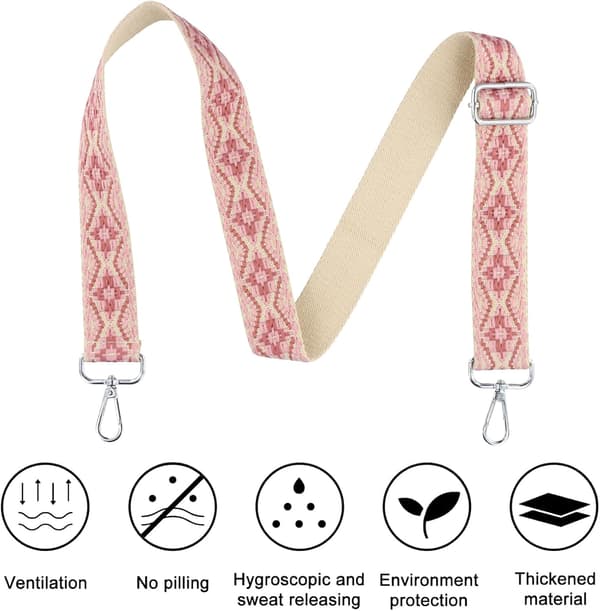 Justerbar bred axelremsrem med silverkrokar, rosa vävd design