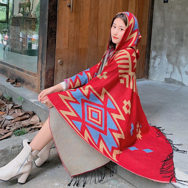 Geometrisk tjock sjal för damer Lady Poncho Pashmina Cardigant filt med tofs
