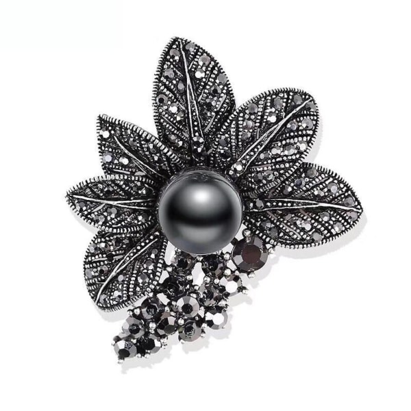 Retro Brosch Pin Black Rhinestone Corsage Imitation Pearl Dam Brosch