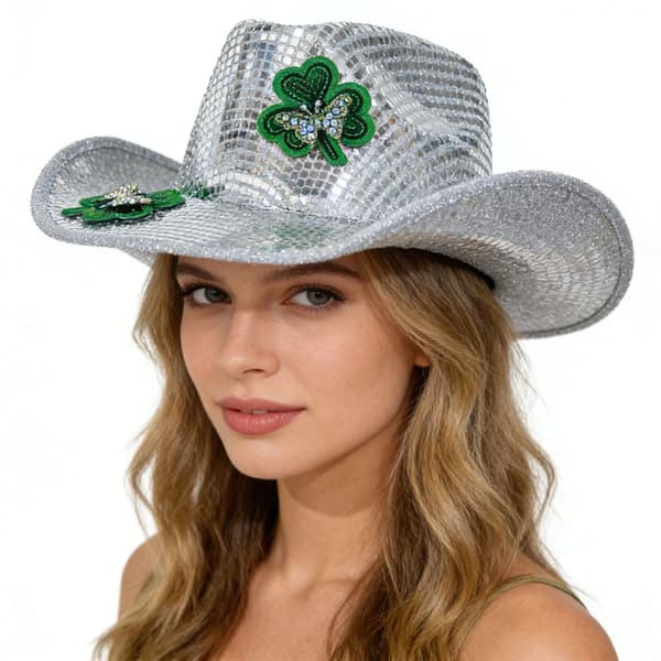 Sølv Paillet Cowboyhat med Shamrock til St. Patrick's Day