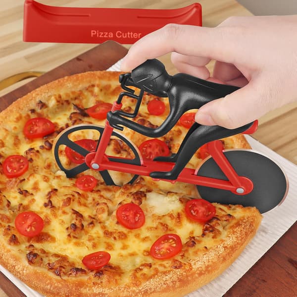 Cykelpizzaskærer med dobbelte rustfri stålhjul og non-stick knive