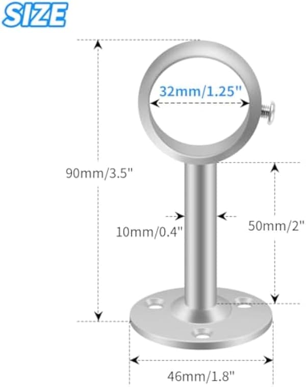 4 stk. 32 mm gardinstang-loftbeslag, sæt med stangholdere i rustfrit stål