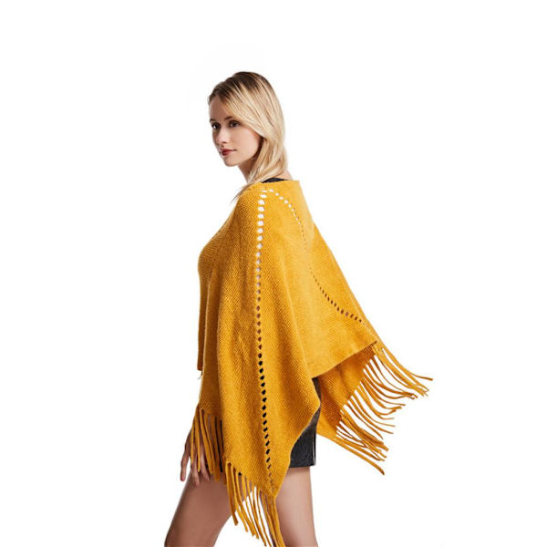 Gul Lös Sjal Pullover Stickning Poncho med Tofs Batwing Blus för Dam