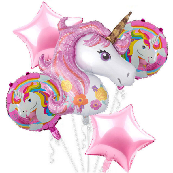5 st Rosa Unicorn Grattis på födelsedagen Ballonger Folie Ballong Set Party Dekoration
