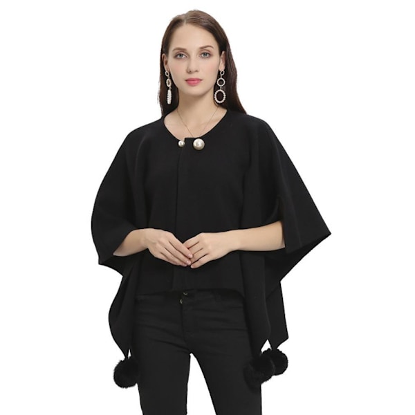 Svart Lös Pullover Wrap Sjal Batwing Blus Stickning Cape for Lady