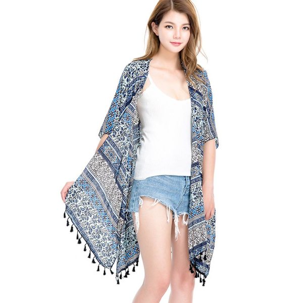 Spring Summer Poncho Kaftan Sjal med Tofs Öppen Front Cardigant för Dam