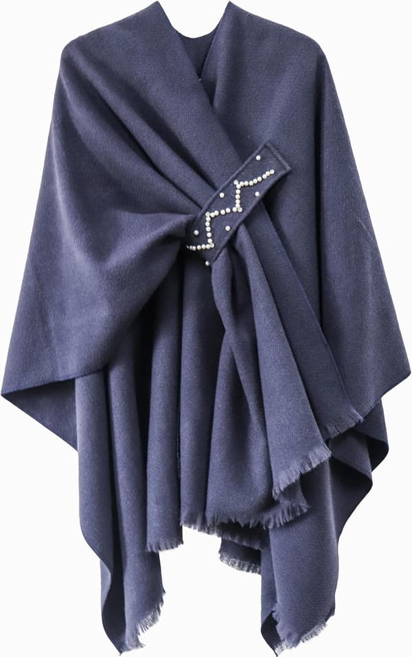 Vändbar stickad ponchosjal för dam, oversized cape-kofta med knytband