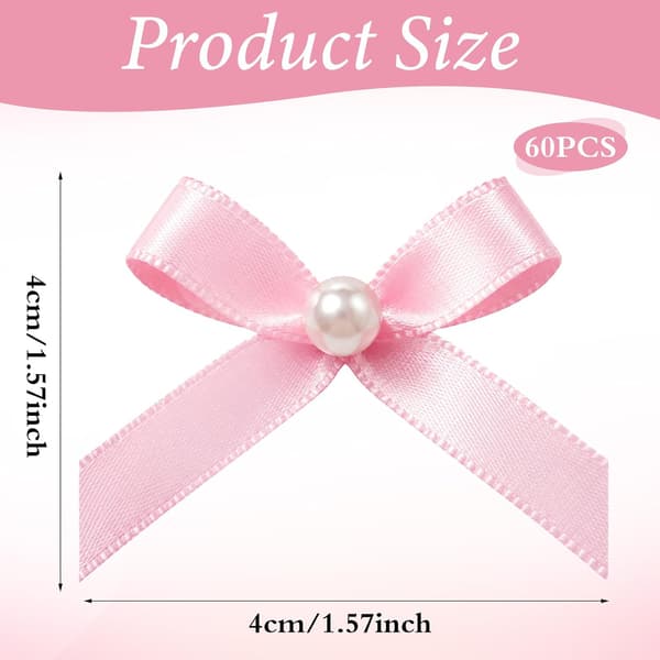60-pack 4 cm rosa satinrosetter med pärlor för pyssel och dekoration