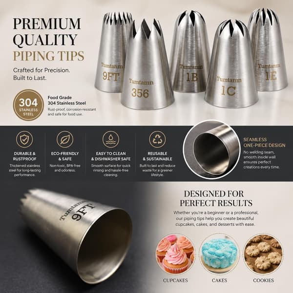 5-pack extra stora tyllar, spritsmunstycken i rostfritt stål för cupcakes