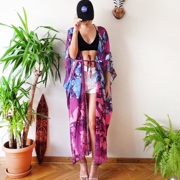 Løstsiddende Chiffon Strand Kaftan til Kvinder, Påfuglefjer Badedragt Bikini Overlay til Solbeskyttelse
