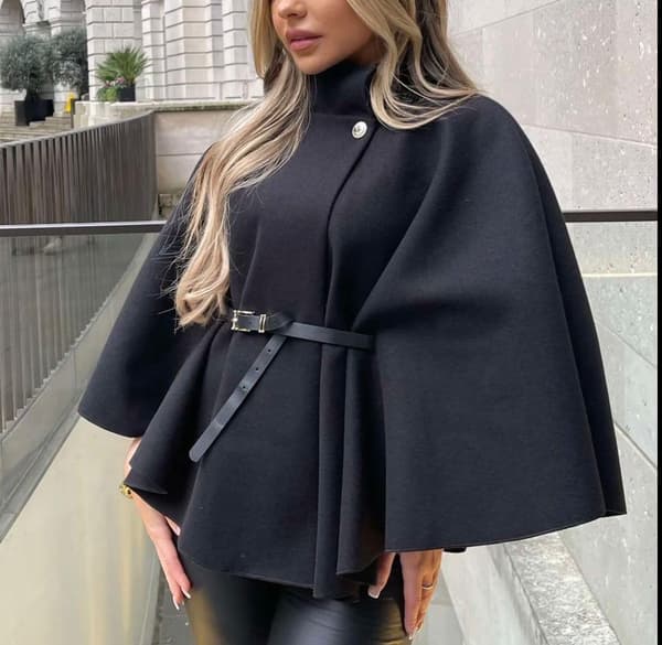 Poncho-cape med bälte för dam, oversized varm vinter-sjal, kofta och kappa