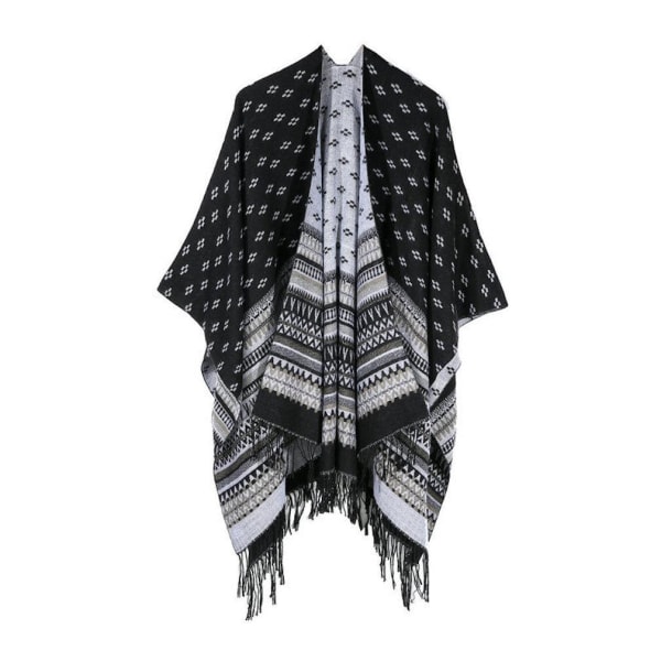 Geometrisk sjal halsduk Öppen front poncho vinterkofta med tofs för dam