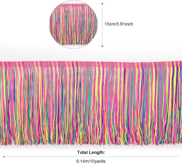 Regnbuefarget frynsekant 10 meter x 15 cm polyester for dekorasjon av dansekjoler