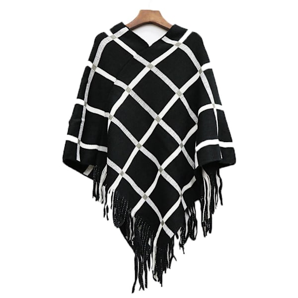 Black Pläd Warm Wraps Sjalar Lös franskant Cape for Lady