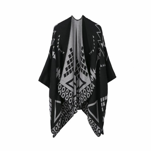 Varm sjal halsduk Öppen front poncho vinterkofta med geometriskt mönster för dam