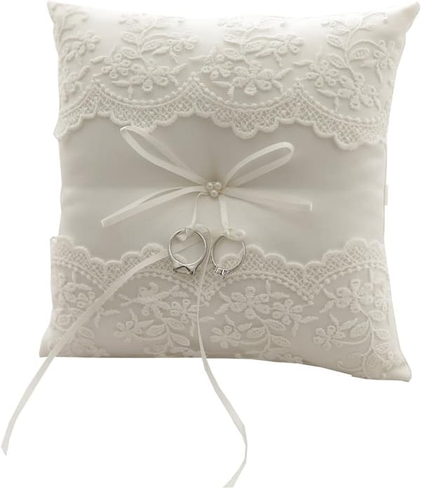 Beige ringkudde för bröllop med satinrosett och broderad spets, 21 cm