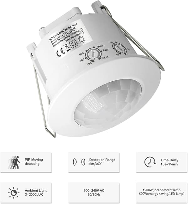 Inomhus PIR-rörelsesensor, 360° detektering, 6m räckvidd, 1200W, 100-240V AC
