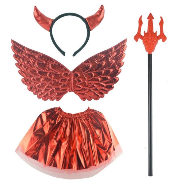 4st Cosplay Red Devil Costume Kit innehåller Wing Wand Cow pannband och kjol för barn Carnival Halloween