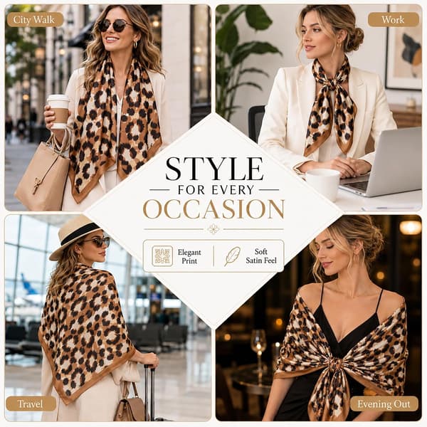 Satinscarf med leopardmönster för dam, silkeslen och lätt lång sjal