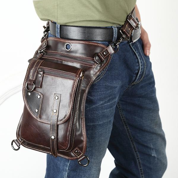 Brunt läder benväska Drop midjeväska, lår Fanny Pack för resor utomhus