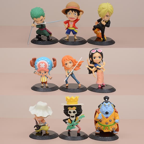 9 st One Piece Luffy Zoro Nami Sanji Chopper PVC Chibi-figurer set 12 cm