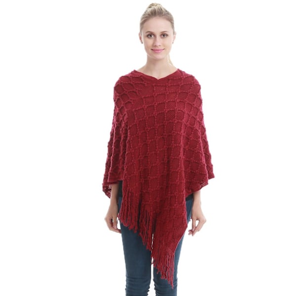 Virkad Pullover Poncho med stickmönster Lös Cape med tofs för Lady Autumn Winter