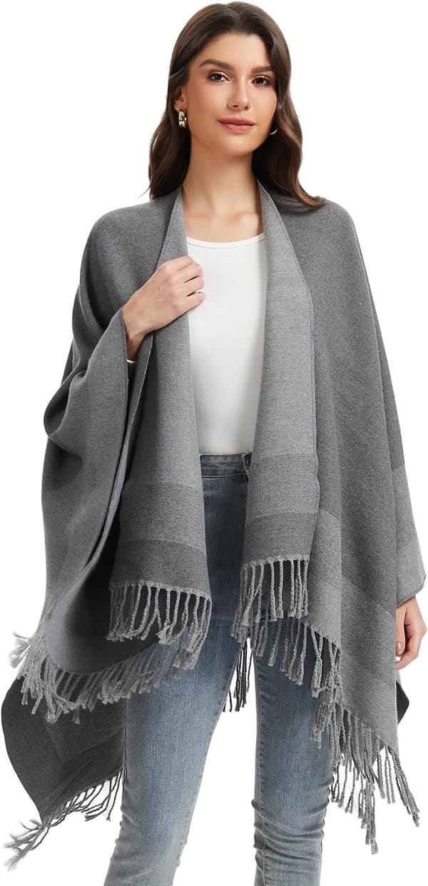 Oversize poncho-sjal för dam med öppen front och tofsar, varm vintercape