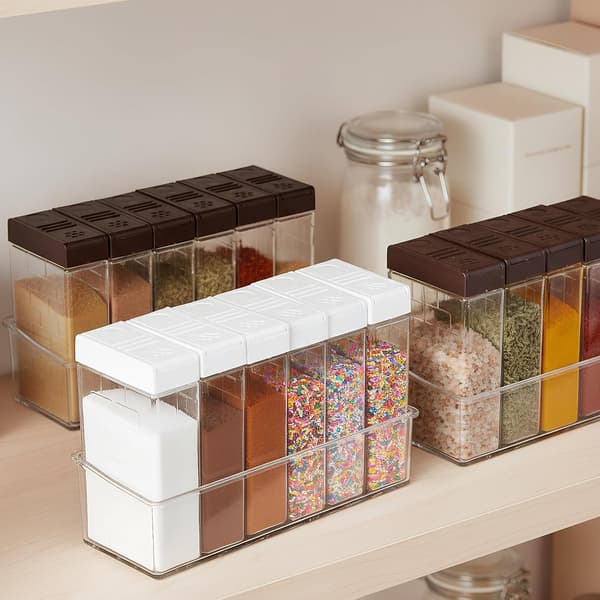 12-pack kryddburkar i plast med 2-i-1-lock och förvaringsbrickor