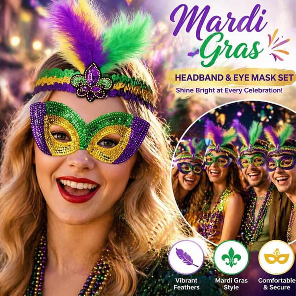 2-delt Mardi Gras fjer-pandebånd og pailletmaske-sæt til kvinder