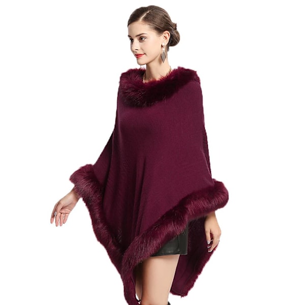Burgundy Wraps sjalar med fuskpäls trimning Virkad Cape Pullover Wrap för Lady