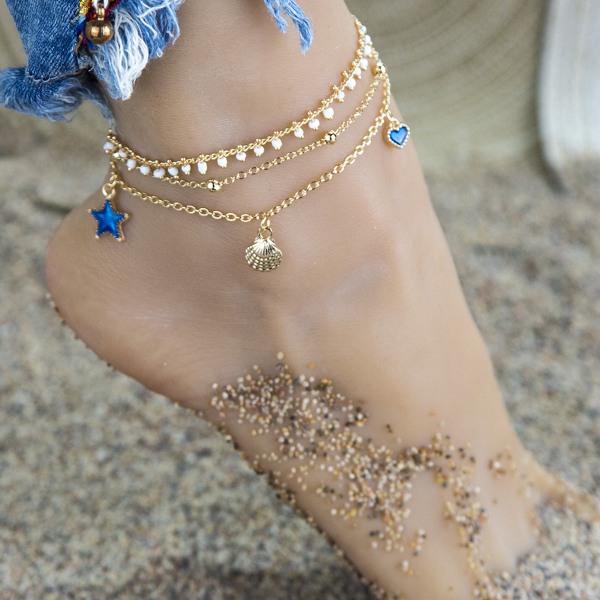 Fothängen Bohemian Starfish Love Multi-Layer Anklet Armband Fotkedja för kvinnor