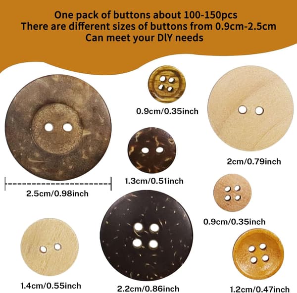 100-150 stk. blandede treknapper i størrelser 0,9-2,5 cm, runde knapper til hobbyarbeid