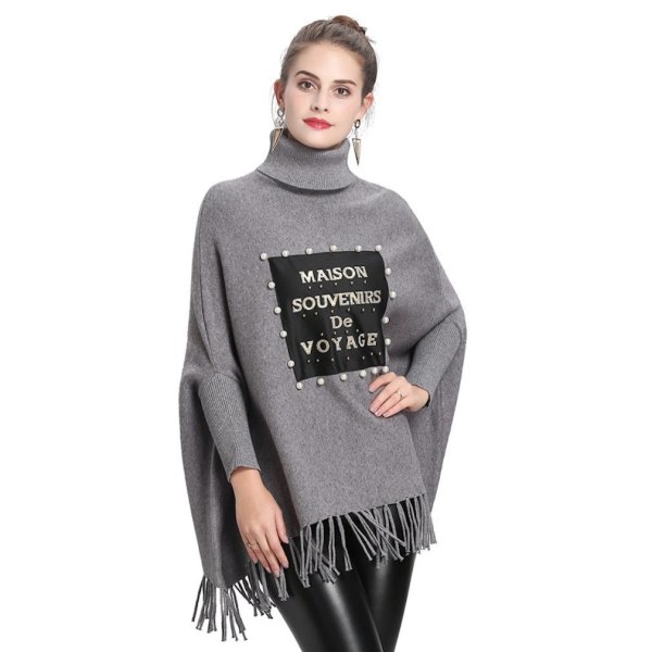 Grå lös turtleneck Pullover Wrap Sjal Batwing Blus med tofs stickning Cape for Lady