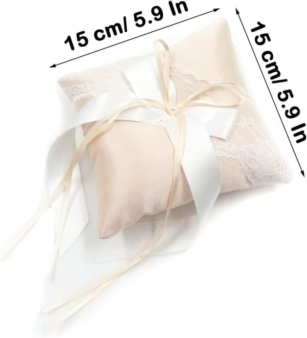 Ringkudde för bröllop, bröllopskudde i satin med spets, pärlor och rosett