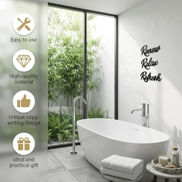3 stk. sort vægdekoration til badeværelset i træ, Relax Renew Refresh spa-kunstskilte