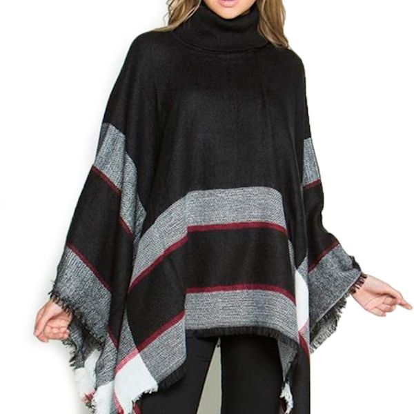 Svart Batwing blus med ränder Fransad fåll Virkad Poncho med tofs Turtleneck Pullover Wrap för Dam