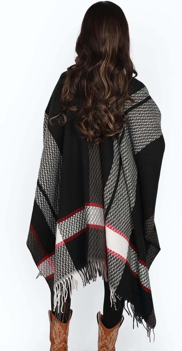 Poncho-cape med öppen front för dam, rutig sjal, oversized kofta med fransar
