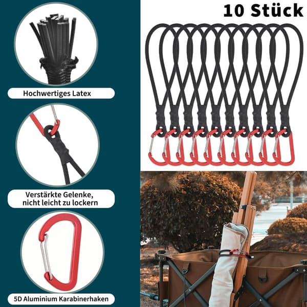10 st 15 cm gummirep med karbinhakar, 5 mm elastiska presenningsfästen